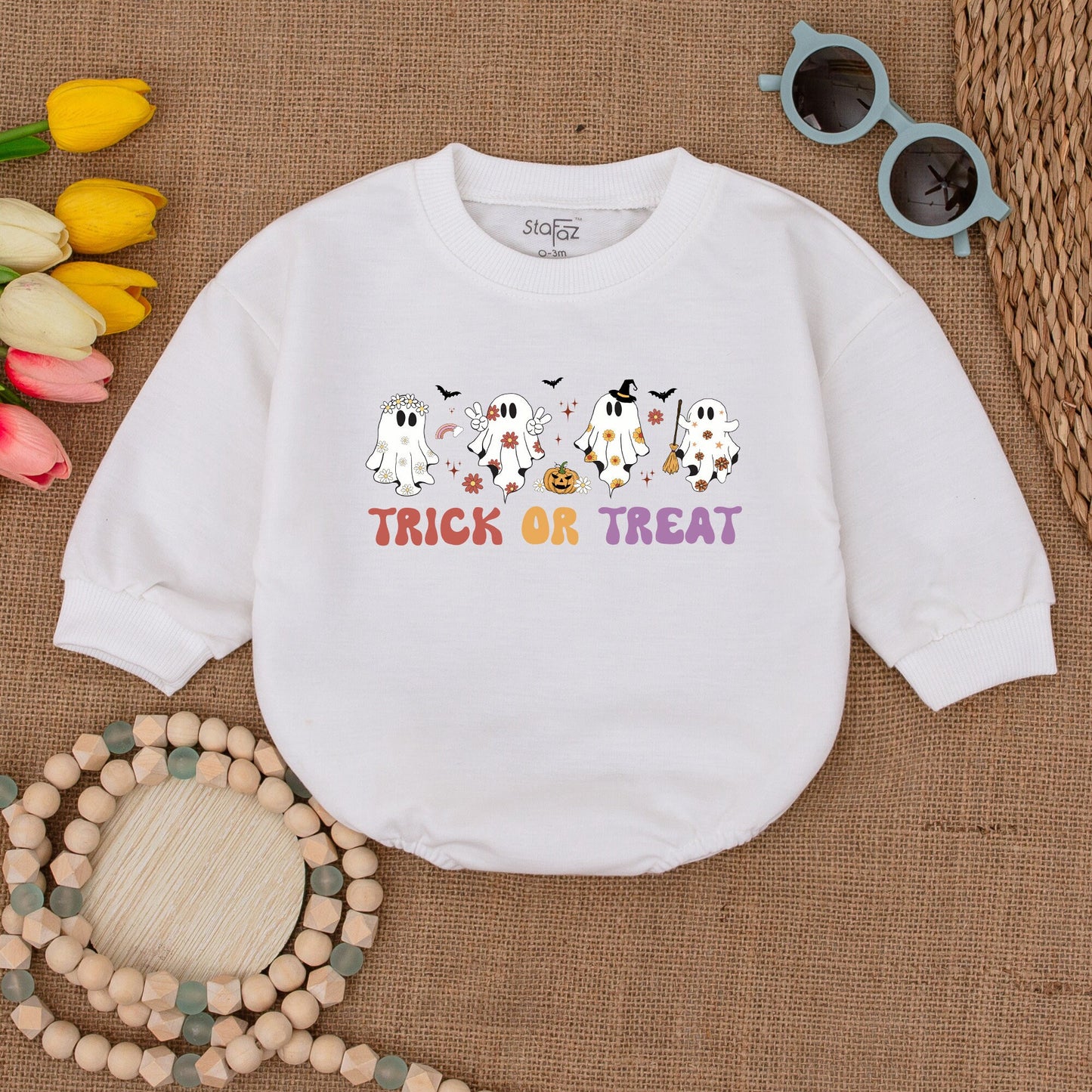 Retro Ghost Trick or Treat Baby Romper Bodysuit with Flying Bats and Stars, Fall Halloween Bubble Sweatshirt Outfit for Infant Girl Boy Shower Gift