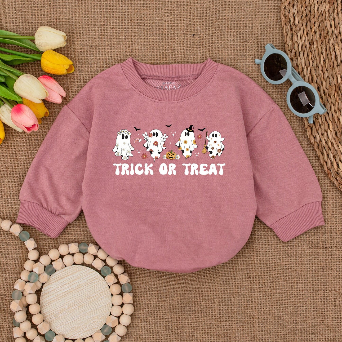 Retro Ghost Trick or Treat Baby Romper Bodysuit with Flying Bats and Stars, Fall Halloween Bubble Sweatshirt Outfit for Infant Girl Boy Shower Gift