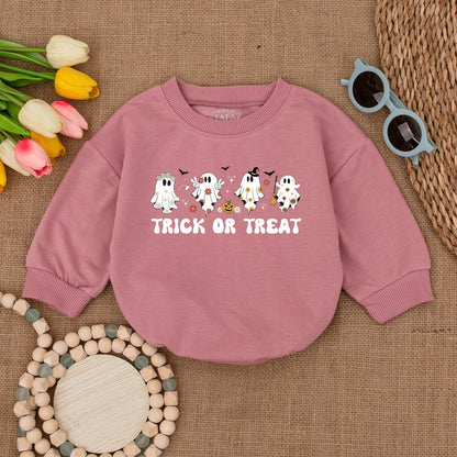 Retro Ghost Trick or Treat Baby Romper Bodysuit with Flying Bats and Stars, Fall Halloween Bubble Sweatshirt Outfit for Infant Girl Boy Shower Gift