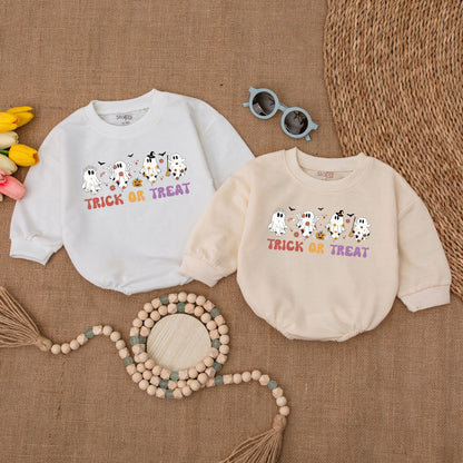 Retro Ghost Trick or Treat Baby Romper Bodysuit with Flying Bats and Stars, Fall Halloween Bubble Sweatshirt Outfit for Infant Girl Boy Shower Gift