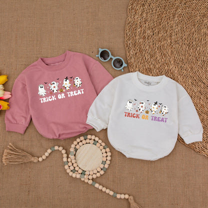 Retro Ghost Trick or Treat Baby Romper Bodysuit with Flying Bats and Stars, Fall Halloween Bubble Sweatshirt Outfit for Infant Girl Boy Shower Gift