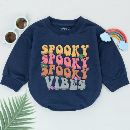 Retro Groovy Spooky Vibes Baby Romper First Halloween Newborn Outfit Girls Boys, Yellow Pink Orange Blue Flower Accents Cute Fall Baby Shower Gift