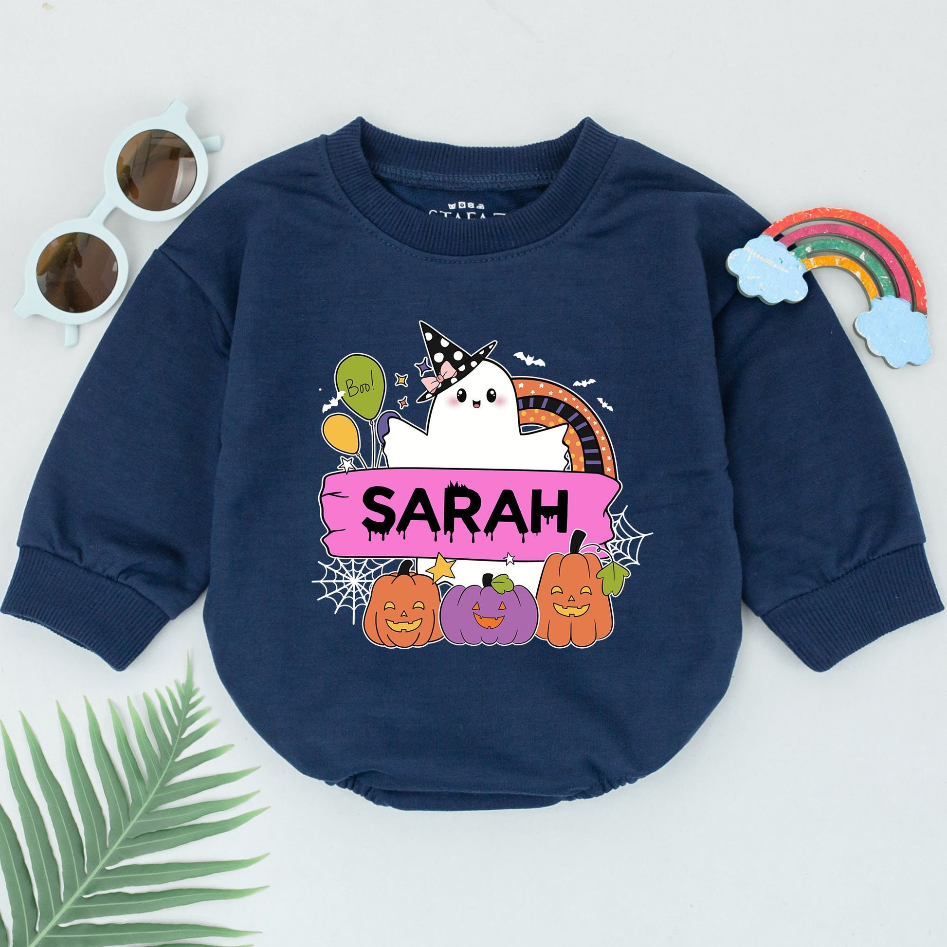 Personalized Sarah's Spooky Halloween Romper, Ghost & Jack-O-Lanterns Baby Outfit, Boo Balloons, Cute First Halloween Baby Shower Gift, Spooky Fun (139 chars)