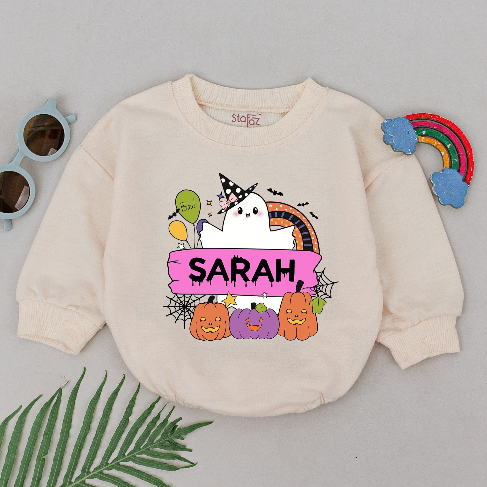 Personalized Sarah's Spooky Halloween Romper, Ghost & Jack-O-Lanterns Baby Outfit, Boo Balloons, Cute First Halloween Baby Shower Gift, Spooky Fun (139 chars)