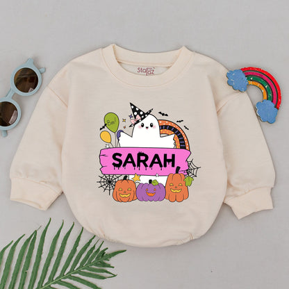 Personalized Sarah's Spooky Halloween Romper, Ghost & Jack-O-Lanterns Baby Outfit, Boo Balloons, Cute First Halloween Baby Shower Gift, Spooky Fun (139 chars)