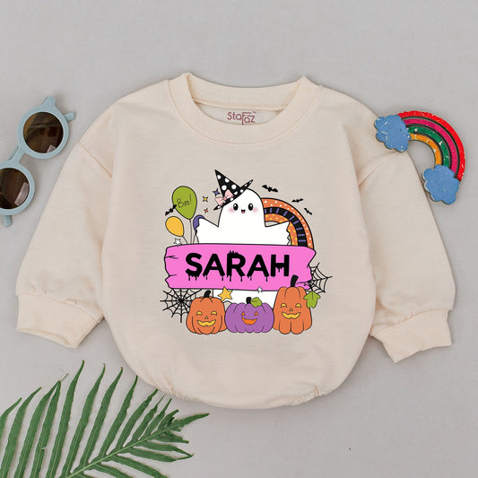Personalized Sarah's Spooky Halloween Romper, Ghost & Jack-O-Lanterns Baby Outfit, Boo Balloons, Cute First Halloween Baby Shower Gift, Spooky Fun (139 chars)