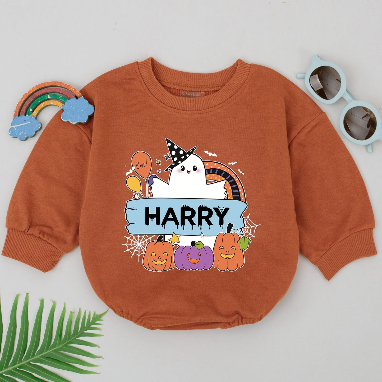 Personalized Baby Boy Halloween Romper Whimsical Ghost Rainbow Name Design Fall Spooky Baby Shower Gift First Boo Outfit Jack-o-Lanterns