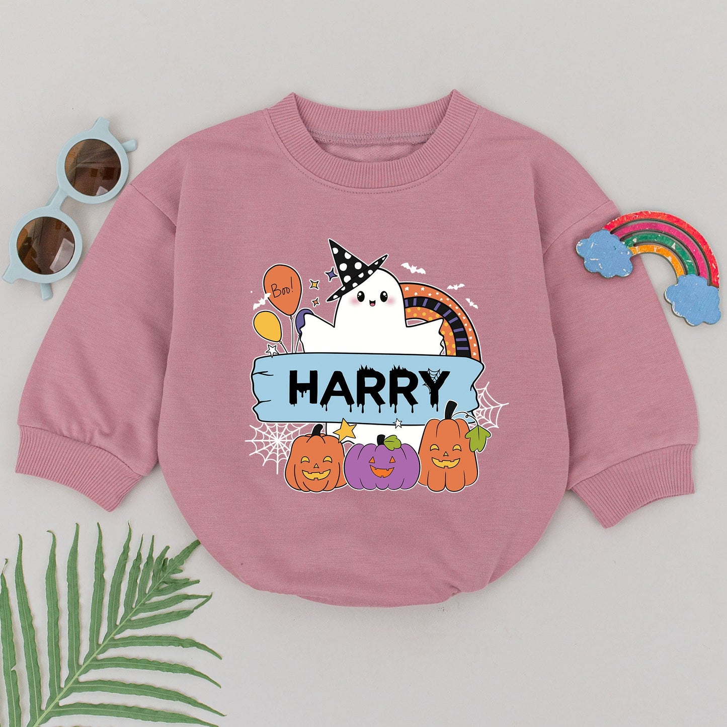 Personalized Baby Boy Halloween Romper Whimsical Ghost Rainbow Name Design Fall Spooky Baby Shower Gift First Boo Outfit Jack-o-Lanterns