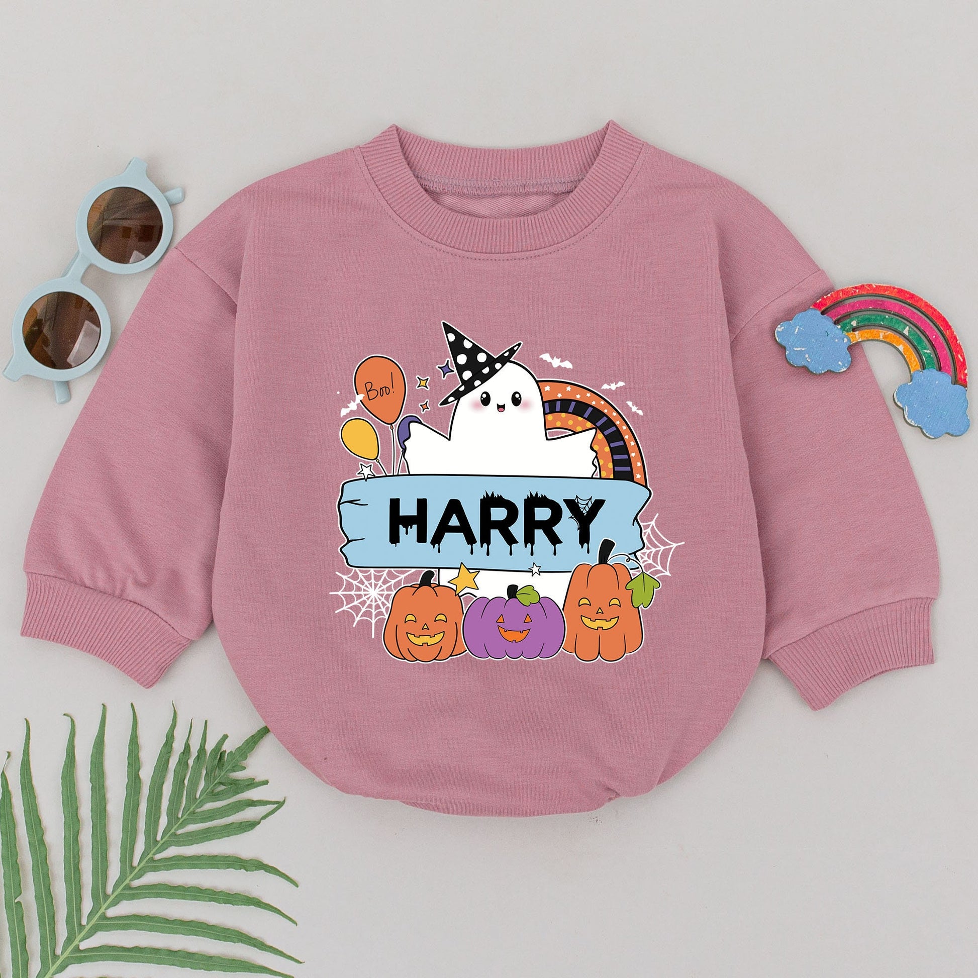 Personalized Baby Boy Halloween Romper Whimsical Ghost Rainbow Name Design Fall Spooky Baby Shower Gift First Boo Outfit Jack-o-Lanterns