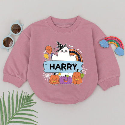 Personalized Baby Boy Halloween Romper Whimsical Ghost Rainbow Name Design Fall Spooky Baby Shower Gift First Boo Outfit Jack-o-Lanterns