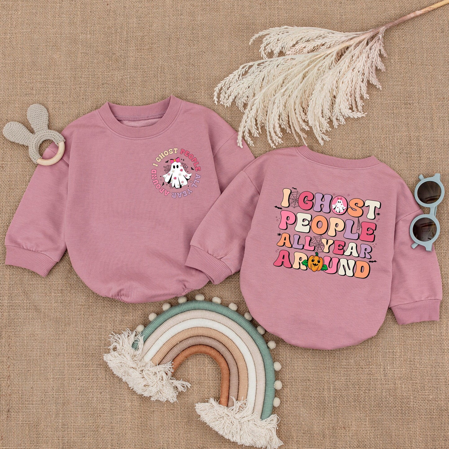 I Ghost People All Year Around Baby Bodysuit Retro Halloween Ghost Pumpkin Whimsical Infant Girl Boy Outfit with Pink Bow Bats and Spiderwebs Shower Gift