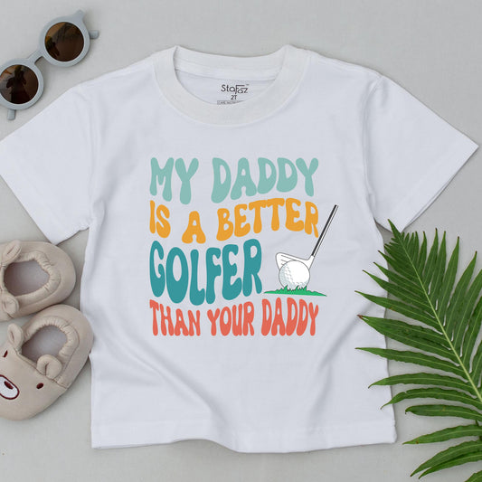 My Daddy Is A Better Golfer Than Your Daddy T-Shirt Retro Wavy Font Teal Orange Coral Golf Ball Grass Club Baby Toddler Gift