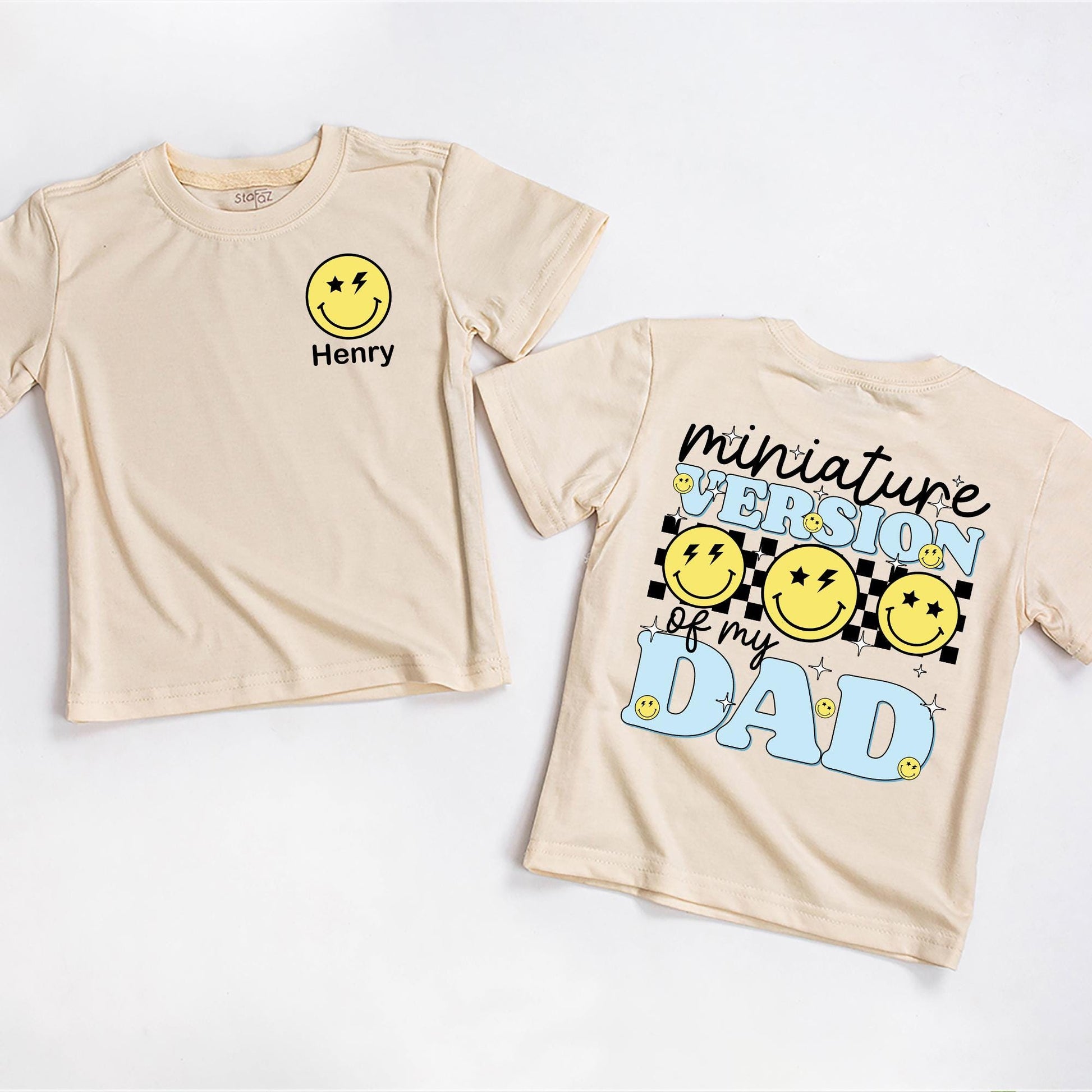 My Dad's Miniature Version T-Shirt: Smiley Lightning Bolt Design for Baby Girl or Boy, New Dad Gift, Father's Day Outfit, Daddy & Me Clothes, Hi Daddy! (139 chars)