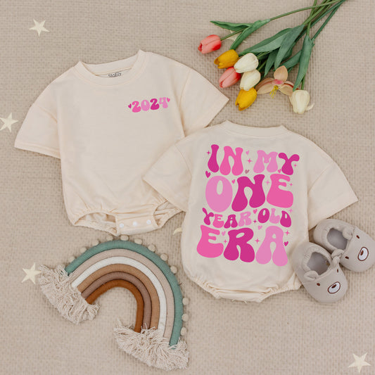 One Year Old Era Baby Girl First Birthday Romper Pink Retro Bubble Bodysuit Playful Celebration Outfit Short Sleeve with Stars and Hearts