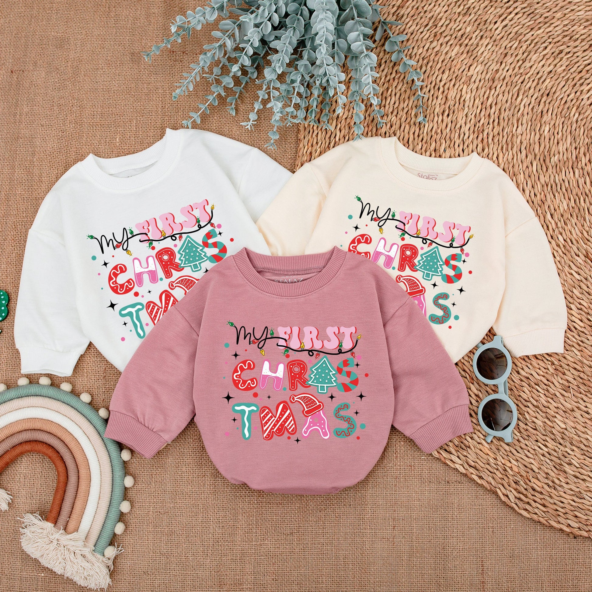 My First Christmas Baby Romper Colorful Lights Print Outfit, playful whimsical long sleeve bodysuit with pink red teal patterns perfect for baby's first holiday gift