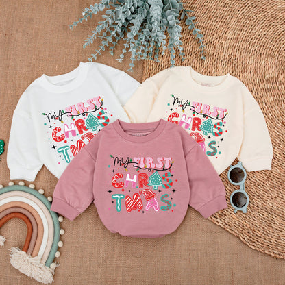 My First Christmas Baby Romper Colorful Lights Print Outfit, playful whimsical long sleeve bodysuit with pink red teal patterns perfect for baby's first holiday gift