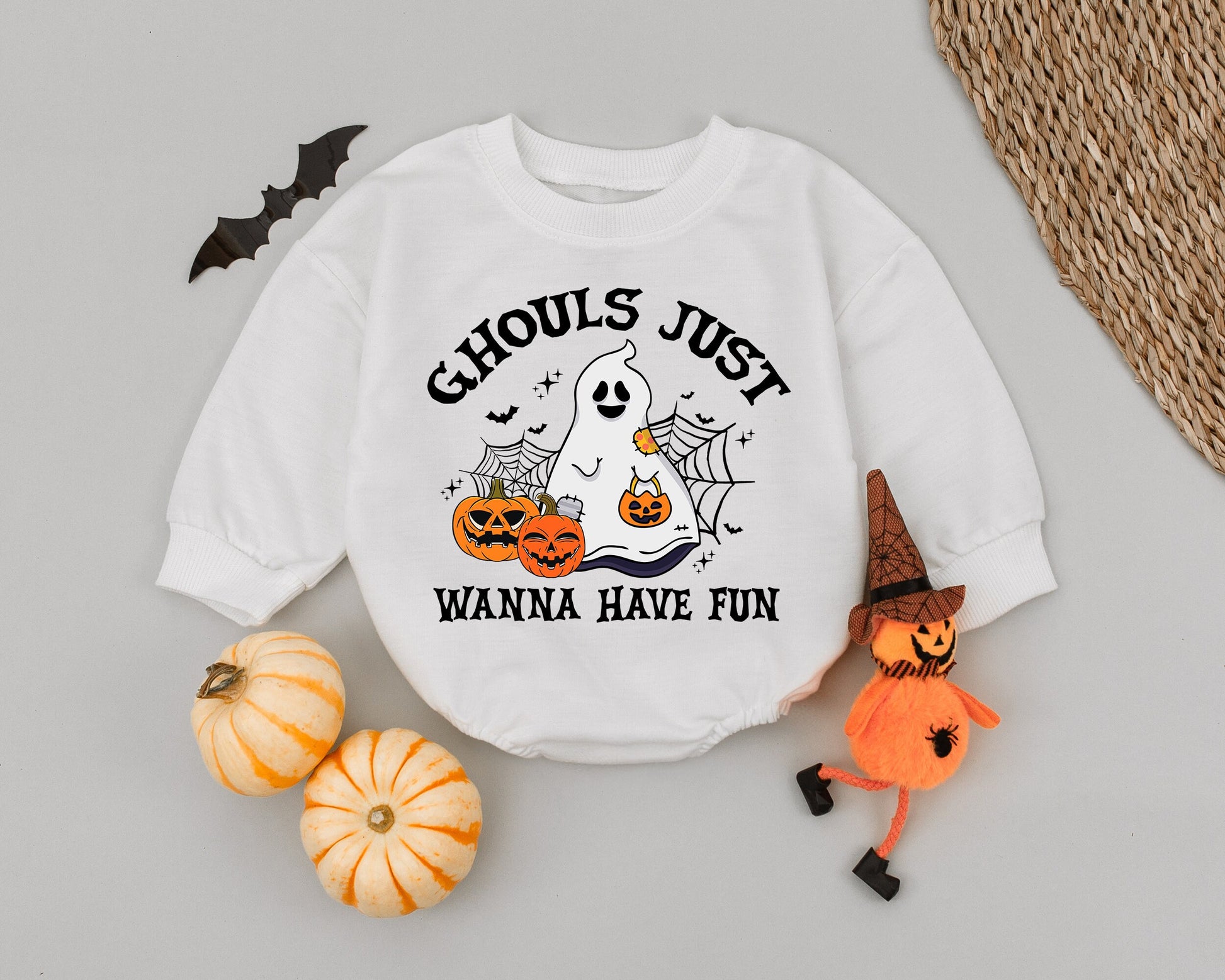 Ghouls Just Wanna Have Fun Baby Romper, Cute Halloween Ghost Outfit, Toddler First Halloween Babysuit, Spooky Black Crosses Design, Soft Cotton 138