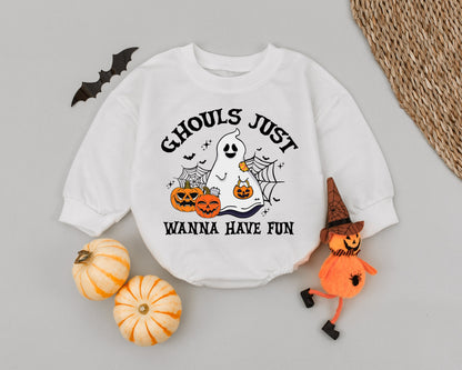 Ghouls Just Wanna Have Fun Baby Romper, Cute Halloween Ghost Outfit, Toddler First Halloween Babysuit, Spooky Black Crosses Design, Soft Cotton 138