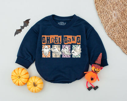 Retro Ghoul Gang First Halloween Baby Boy Girl Romper with Adorable Cartoon Ghosts perfect Autumn outfit featuring playful orange purple patterns and vintage Boo style