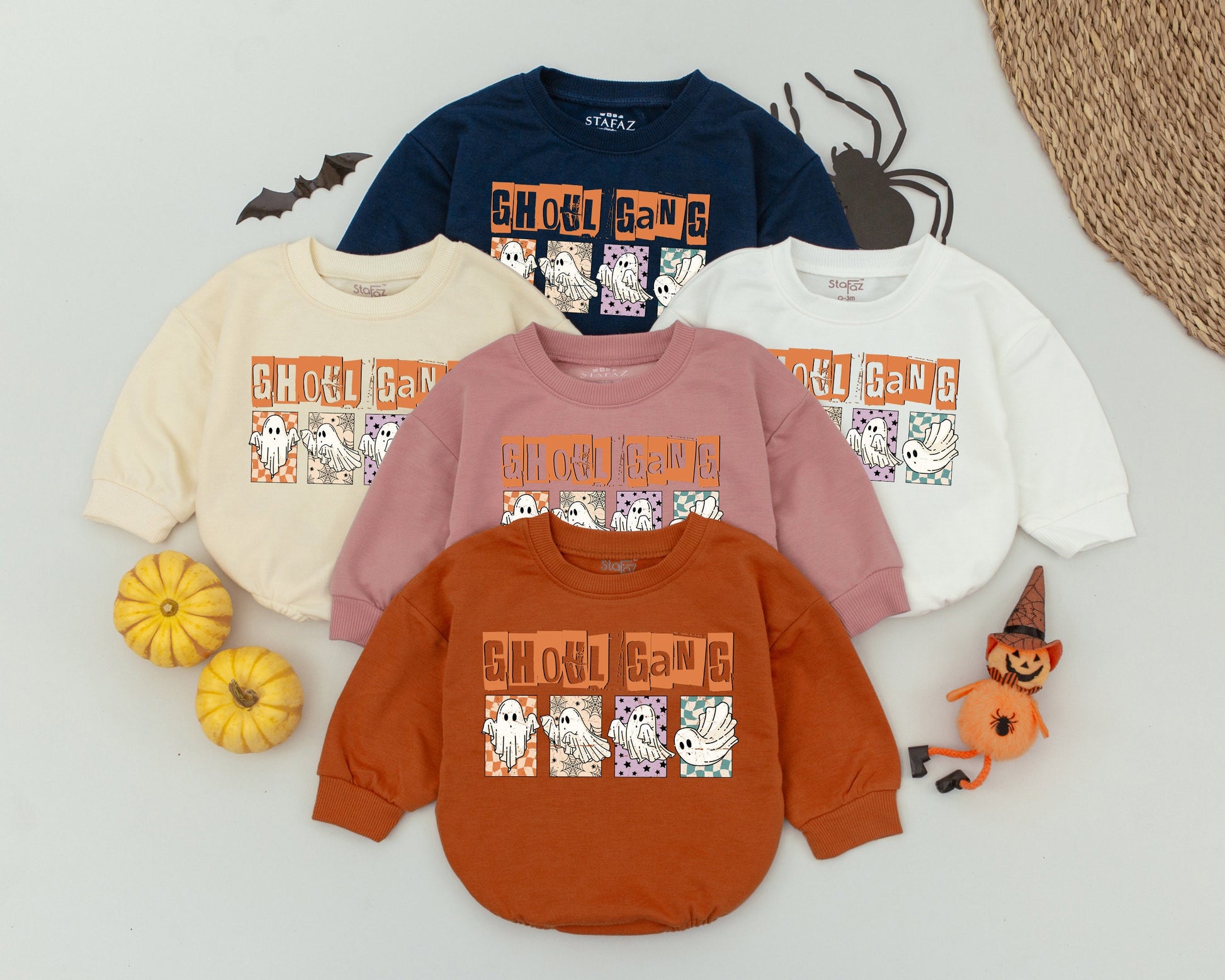 Retro Ghoul Gang First Halloween Baby Boy Girl Romper with Adorable Cartoon Ghosts perfect Autumn outfit featuring playful orange purple patterns and vintage Boo style