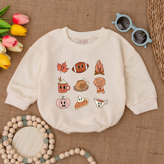 Retro Thanksgiving Baby Bubble Romper Fall Bodysuit for Newborn Girl Outfit Autumn Baby Shower Gift Pumpkin Patch Season Boho Style