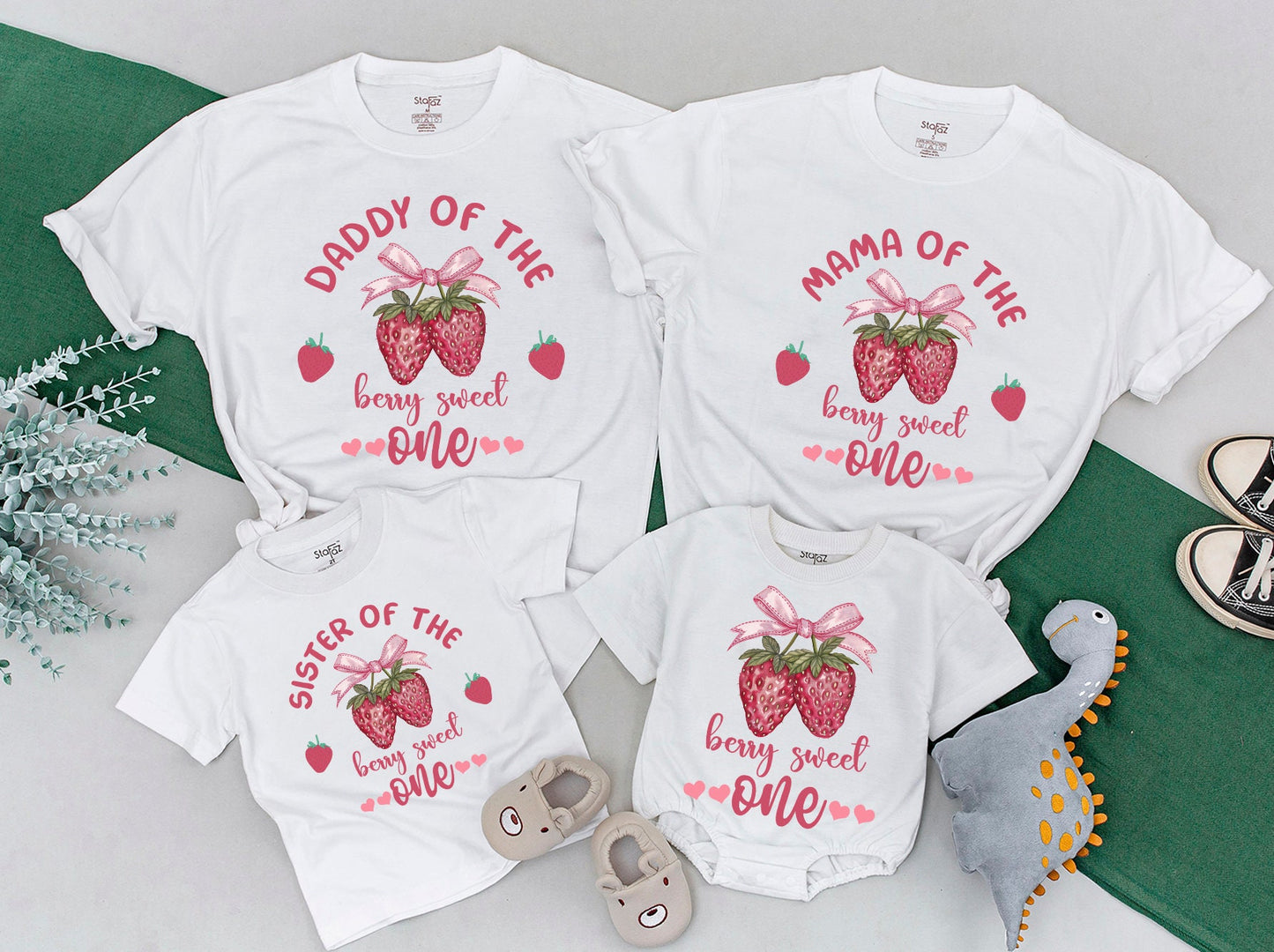 Strawberry Themed Family Matching Shirts for Berry Sweet 1st Birthday