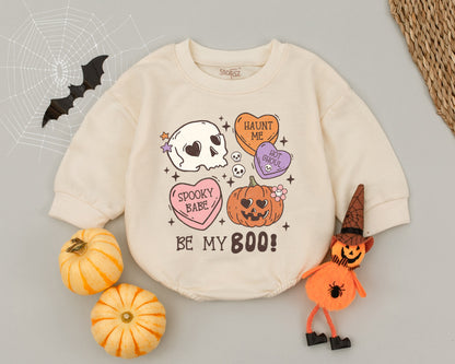 Be My Boo Baby Romper: Sweet Spooky Halloween Outfit with Pumpkin & Skull, Cute Newborn Infant Bodysuit, Fun Ghoul Clothes, Baby Shower Gift, Groovy Vibes