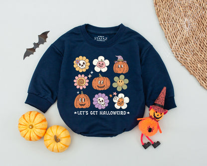 Let's Get Halloweird Baby Romper Retro Flower Pumpkin Skull Halloween Groovy Infant Bodysuit Cute Spooky Fall Baby Shower Gift Clothes