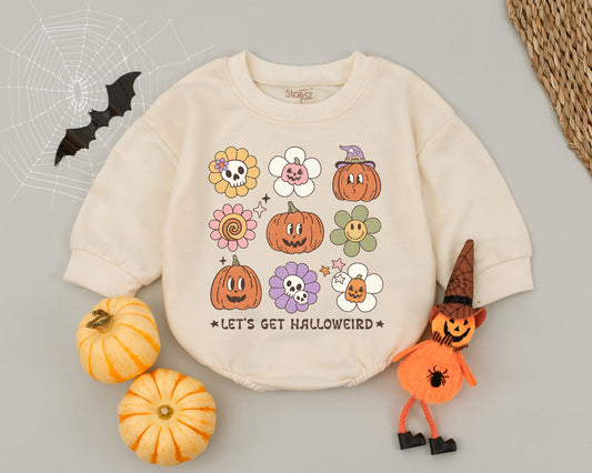 Let's Get Halloweird Baby Romper Retro Flower Pumpkin Skull Halloween Groovy Infant Bodysuit Cute Spooky Fall Baby Shower Gift Clothes