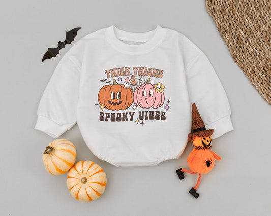 Thick Thighs Spooky Vibes Baby Romper, Retro Halloween Infant Bodysuit, Cute Pumpkin Spiderweb Design, Funny Spooky Vibes Baby Gift