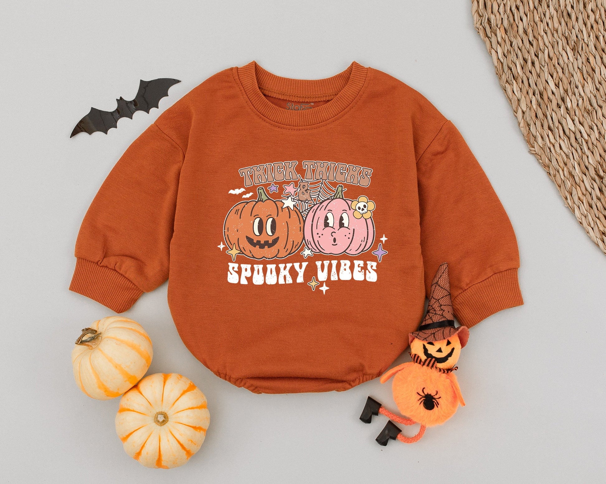 Thick Thighs Spooky Vibes Baby Romper, Retro Halloween Infant Bodysuit, Cute Pumpkin Spiderweb Design, Funny Spooky Vibes Baby Gift