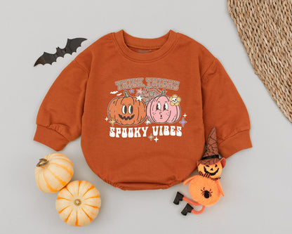 Thick Thighs Spooky Vibes Baby Romper, Retro Halloween Infant Bodysuit, Cute Pumpkin Spiderweb Design, Funny Spooky Vibes Baby Gift