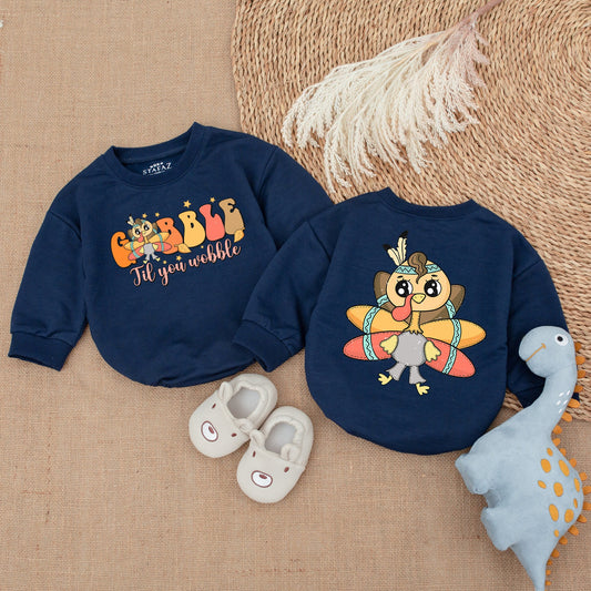 Gobble Til You Wobble Baby Romper Thanksgiving Outfit Turkey with Headdress & Stars Baby Fall Clothes Cute Retro Design