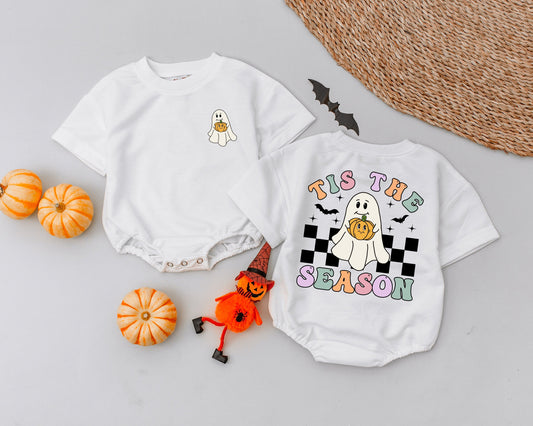 Tis The Season Halloween Romper Cute Ghost Bodysuit Retro Baby Outfit Peach Pink Teal Lilac Checkered First Halloween Costume Gift 1st Birthday Fall Outfit (140)