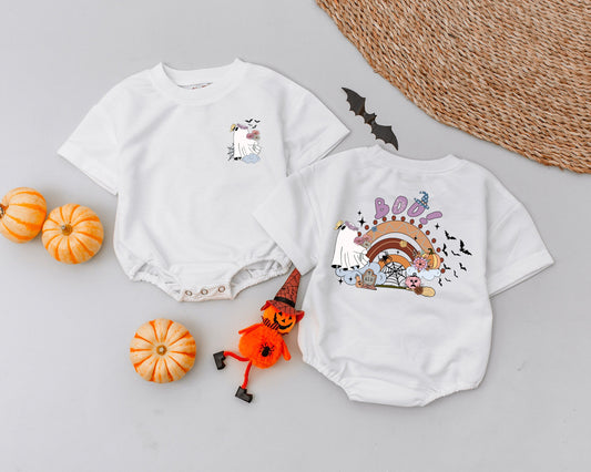 Vintage Ghost Romper Baby Outfit, My First Halloween Retro Boo! Bodysuit, Cute Pastel Rainbow Bats, Tombstone, Spiderweb, Halloween Costume Gift (136 chars)