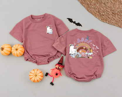 Vintage Ghost Romper Baby Outfit, My First Halloween Retro Boo! Bodysuit, Cute Pastel Rainbow Bats, Tombstone, Spiderweb, Halloween Costume Gift (136 chars)