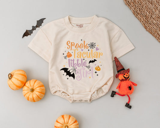 My 1st Halloween Romper Spooktacular Little Girl Outfit, Cute Halloween Baby Bodysuit, Orange Black Lavender Bats Pumpkins Stars First Fall Costume 138