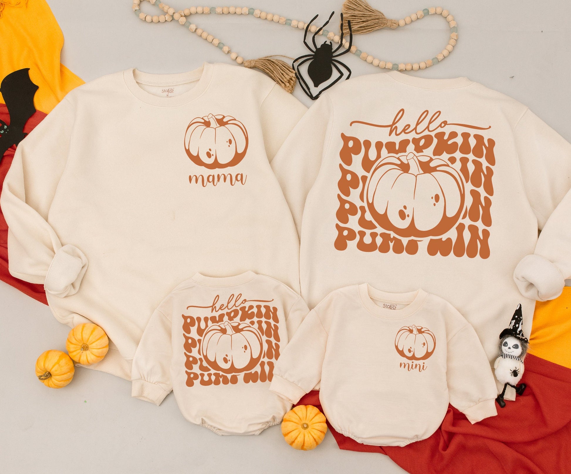 Playful Retro Hello Pumpkin Mama and Me Matching Fall Sweatshirt Romper Outfit Toddler Baby Kid Autumn Vintage Orange White