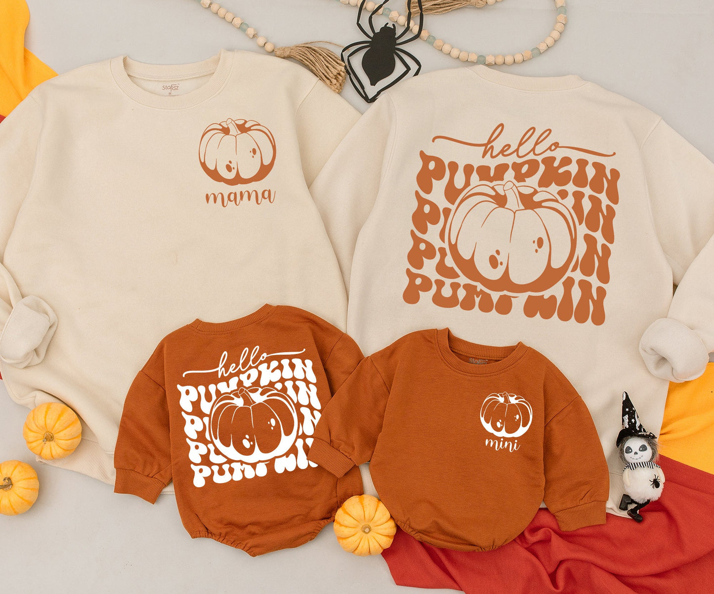 Playful Retro Hello Pumpkin Mama and Me Matching Fall Sweatshirt Romper Outfit Toddler Baby Kid Autumn Vintage Orange White