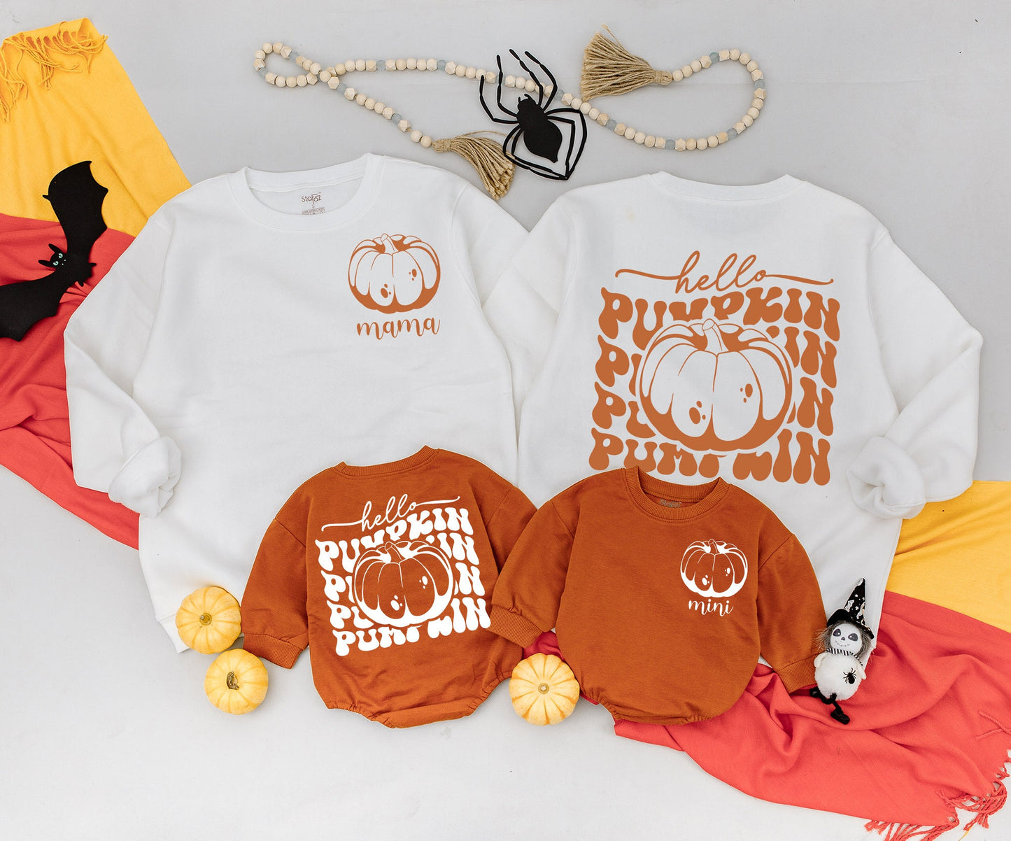 Playful Retro Hello Pumpkin Mama and Me Matching Fall Sweatshirt Romper Outfit Toddler Baby Kid Autumn Vintage Orange White