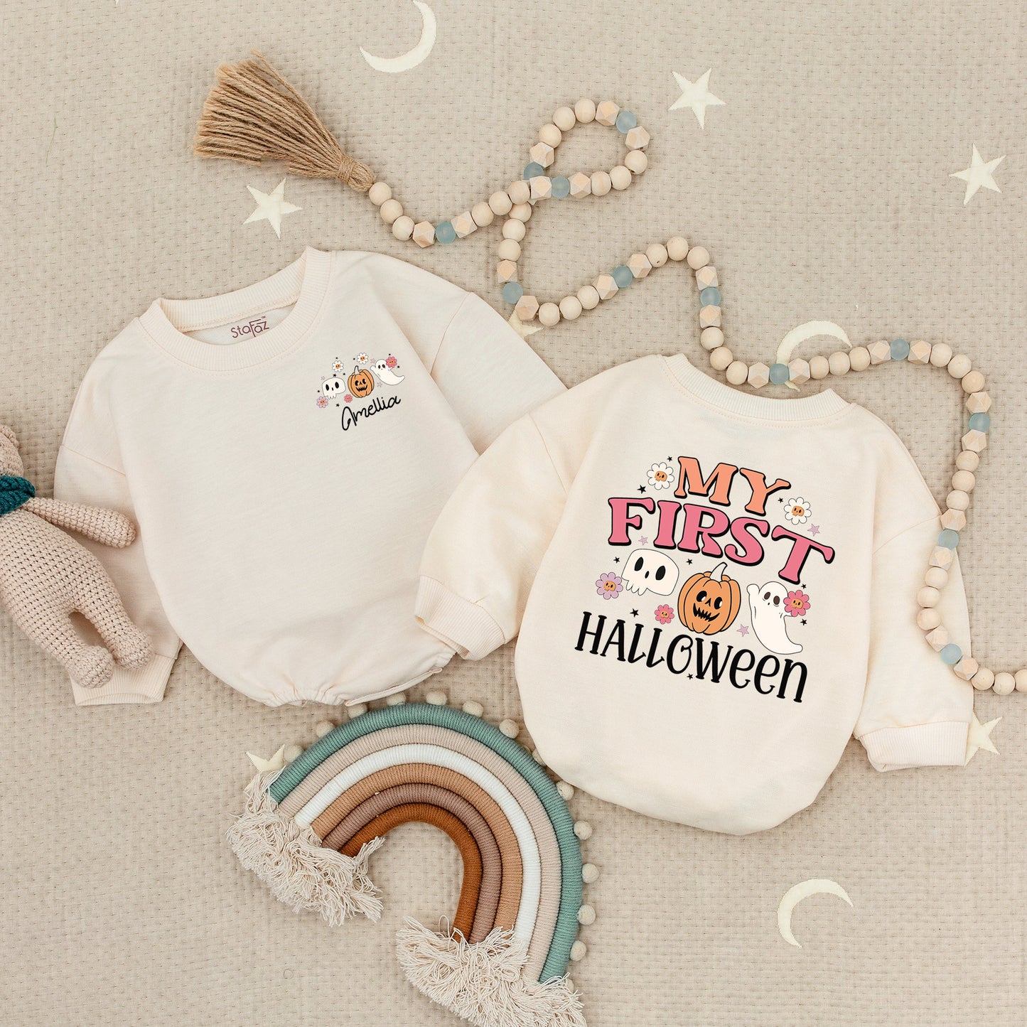 Personalized My First Halloween Baby Romper Ghost Pumpkin Skull Outfit, Baby Girl Boy Costume Fall Clothes, Spooky Season