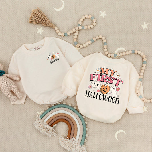 Personalized My First Halloween Baby Romper Ghost Pumpkin Skull Outfit, Baby Girl Boy Costume Fall Clothes, Spooky Season