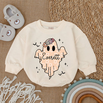 Everett Ghost Daisy Halloween Baby Bodysuit First Fall Outfit Cute Ghostly Girl Romper White Stars Bats