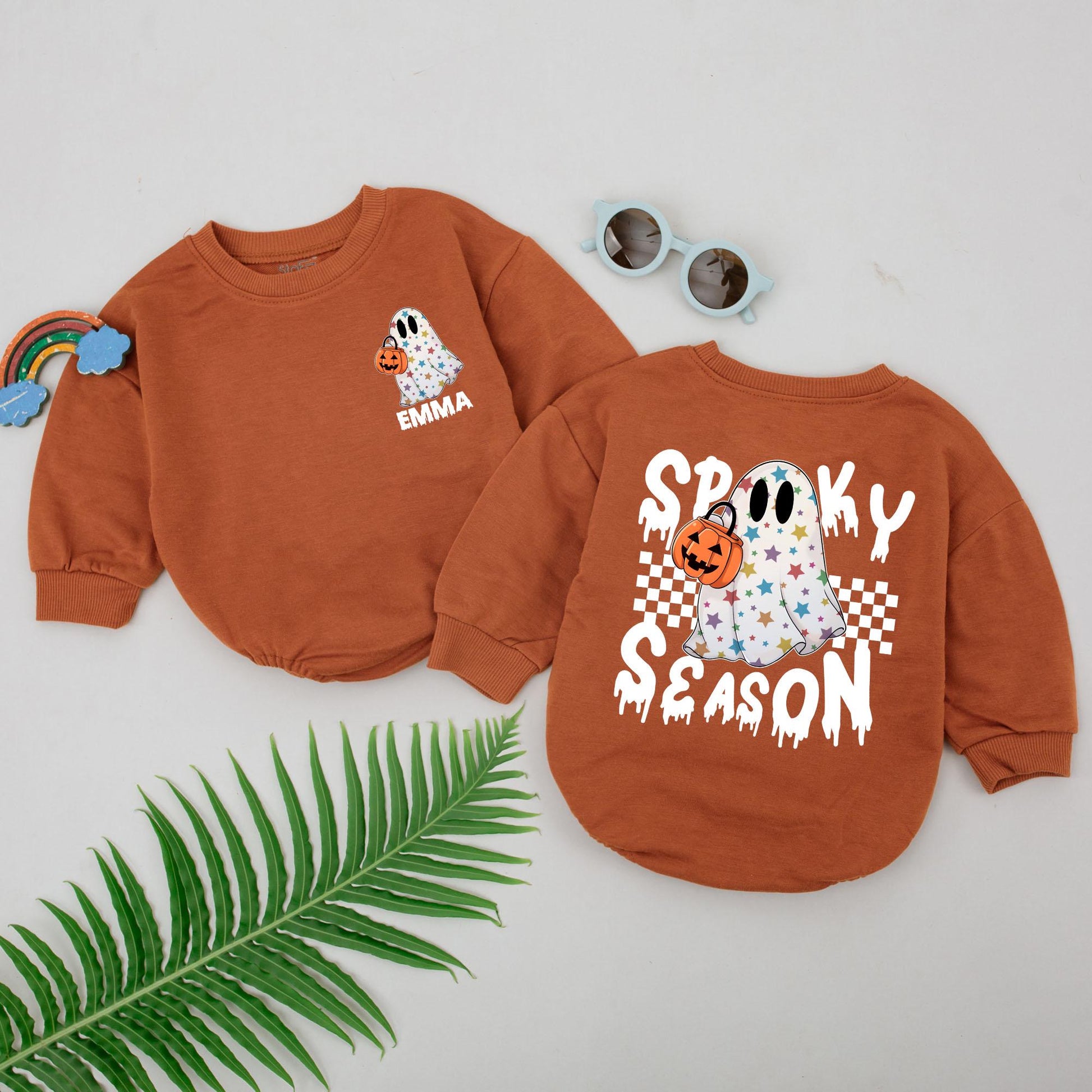 Personalized Spooky Season Baby Romper with Star Ghost Jack-o'-Lantern Checkered Design First Halloween Outfit Shower Gift Newborn Girls Boys