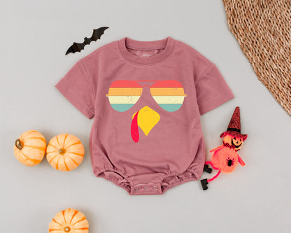 Retro Turkey Baby Romper, First Thanksgiving Outfit with Sunglasses