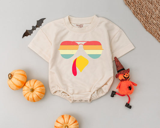 Retro Turkey Baby Romper, First Thanksgiving Outfit with Sunglasses