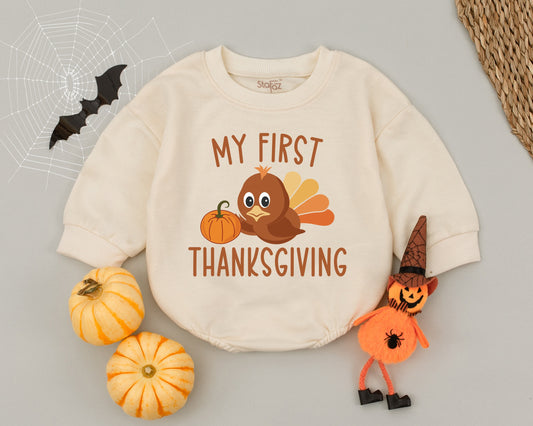 My First Thanksgiving Romper featuring a cute little turkey holding a pumpkin, perfect soft cotton baby bodysuit for autumn holiday photoshoots