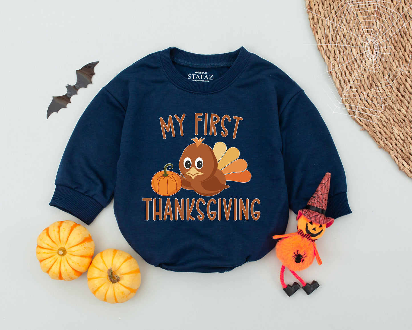 My First Thanksgiving Romper featuring a cute little turkey holding a pumpkin, perfect soft cotton baby bodysuit for autumn holiday photoshoots
