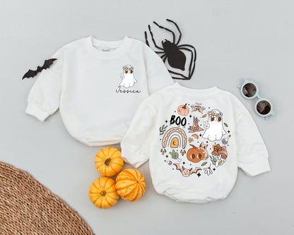 Custom Retro Halloween Romper for Baby Boys Girls Jessica Boo Ghost Floral Crown Autumnal Outfit Toddler Infant First Halloween Costume Comfort
