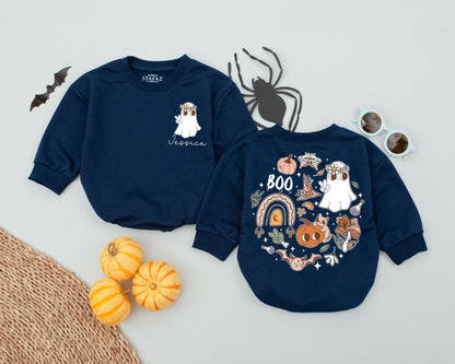 Custom Retro Halloween Romper for Baby Boys Girls Jessica Boo Ghost Floral Crown Autumnal Outfit Toddler Infant First Halloween Costume Comfort